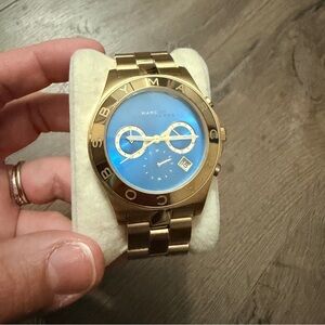 Marc by Marc Jacobs Blade Chronograph Watch Blue Dial Gold Stainless Steel Band
